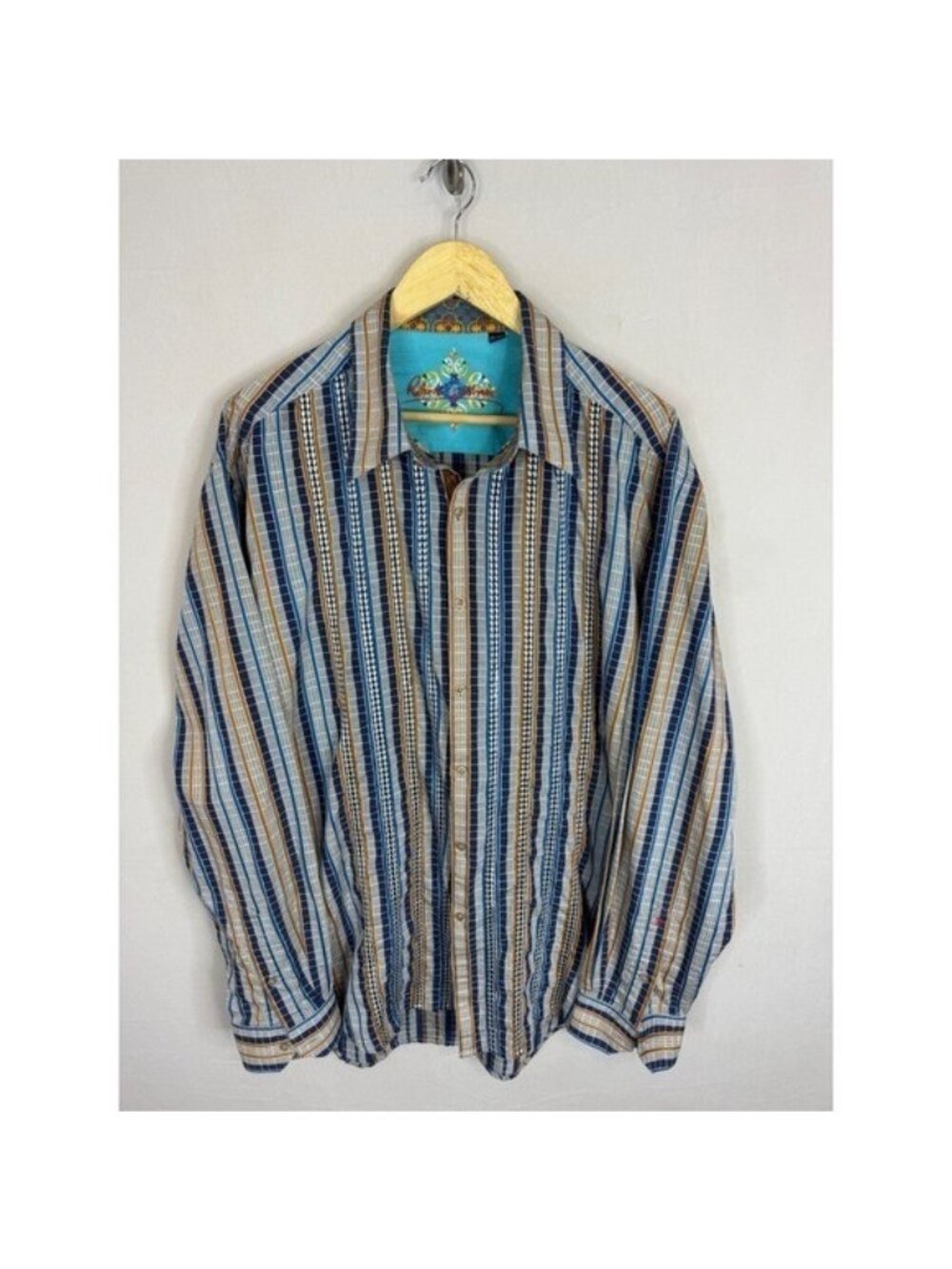 Robert Graham Mens 2XL Striped Button Shirt Blue Orange Silk Trim Long Sleeve